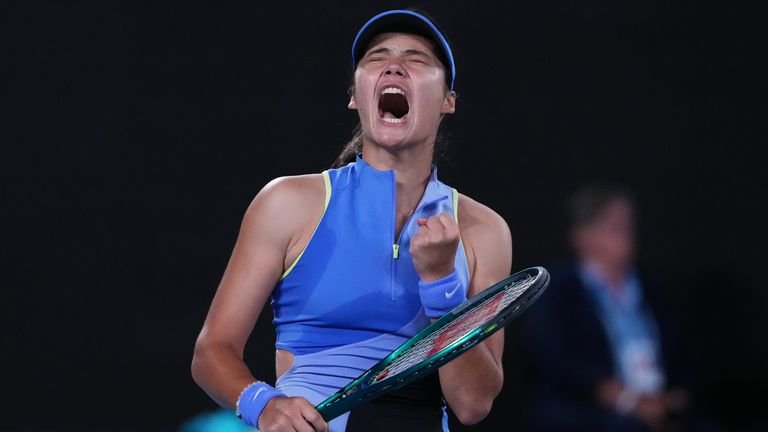Emma Raducanu reacts after winning point versus Mananchaya Sawangkaew at Australian Open