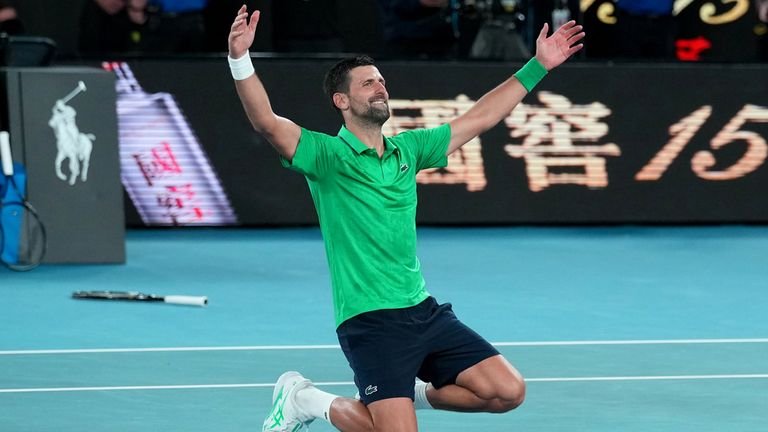 Novak Djokovic celebrating after defeating Jannik Sinner at Australian open semifinal