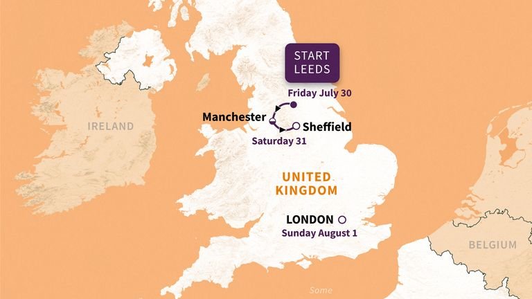 Map showing first three stages of Women's Tour de France from july 30 to August 1