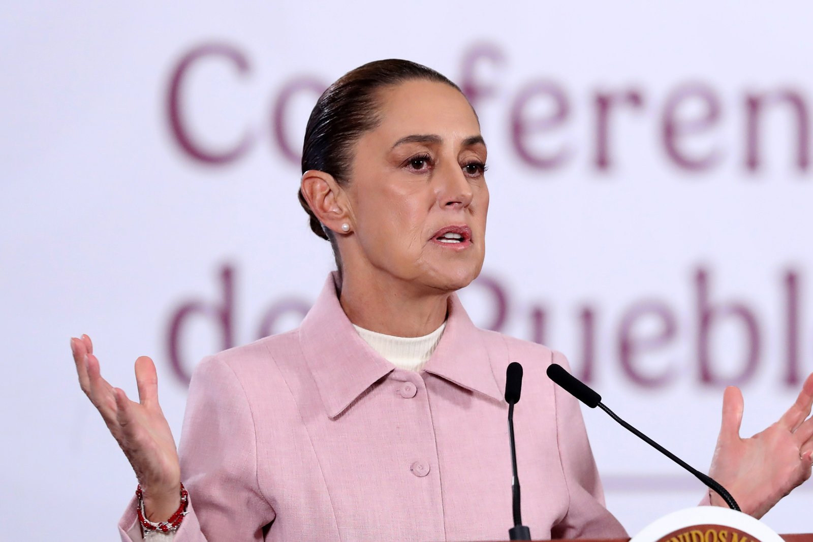 Mexican President Claudia Sheinbaum speaking at a press conference in Mexico City