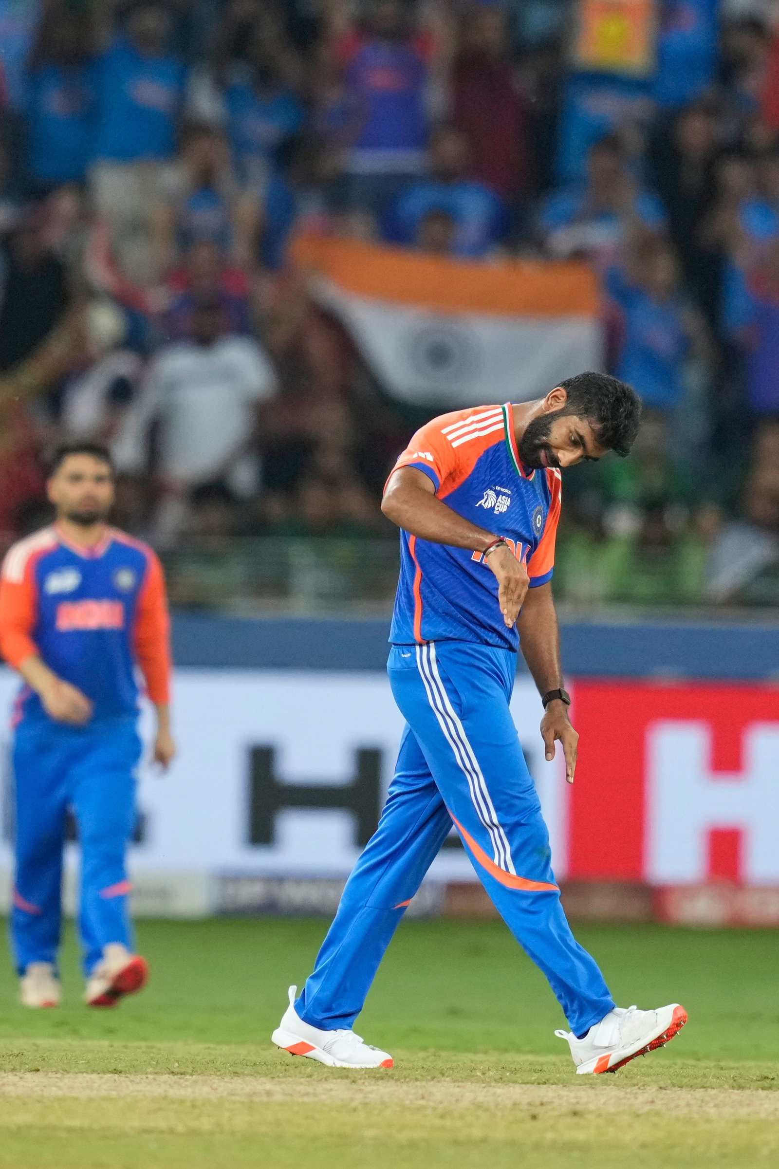 Jasprit Bumrah celebrates wicket dismissal Haris Rauf during final Dubai stadium