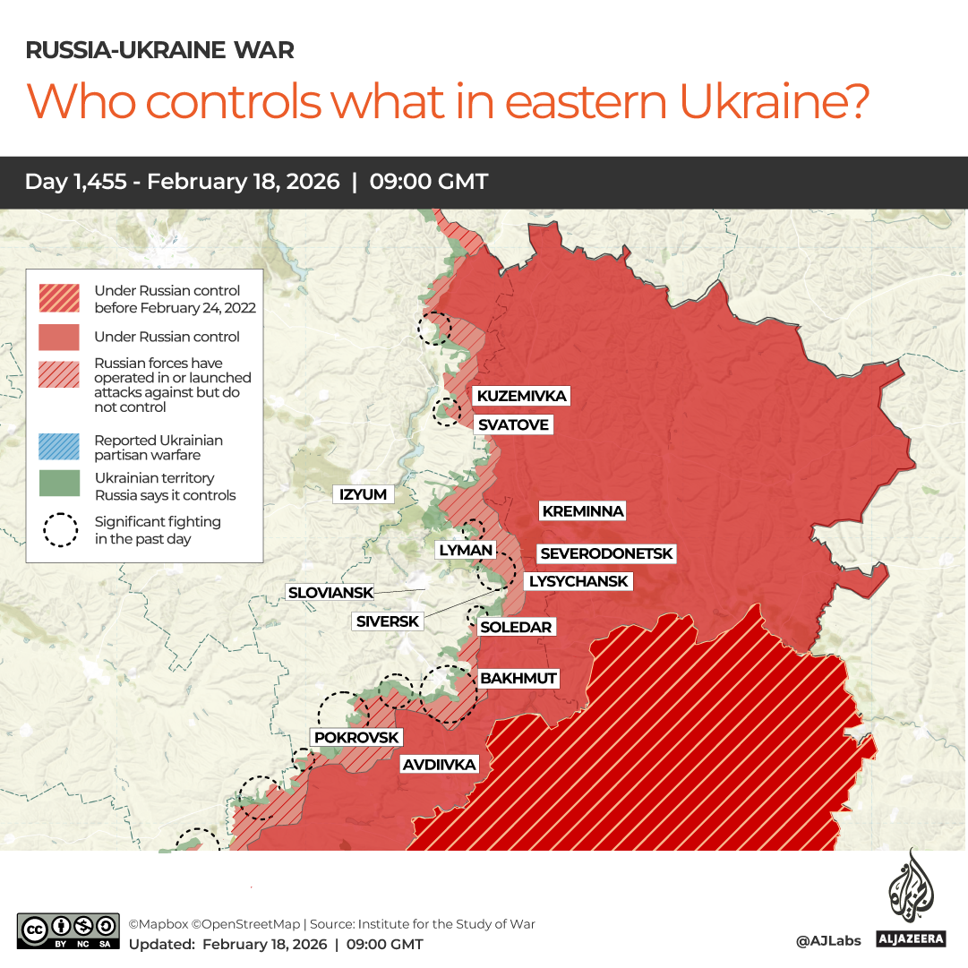 Territorial control map focusing on Eastern Ukraine conflict zones