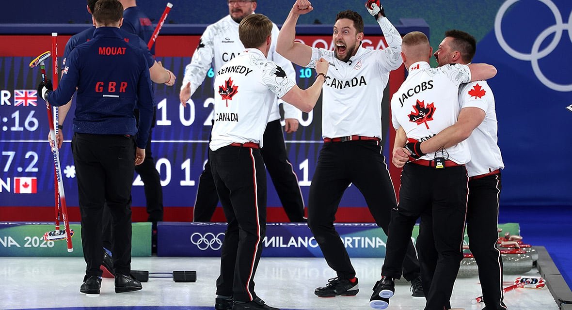 Canadian men's curling team celebrating their gold medal victory