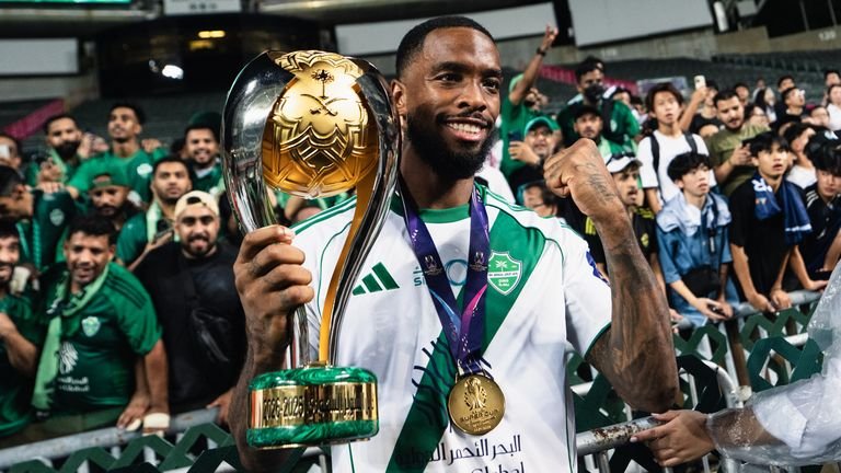 Ivan Toney celebrating after winning Saudi Super Cup with Al-Ahli