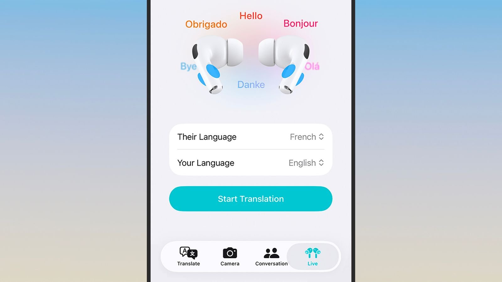 Interface showing live translation options in Translate app