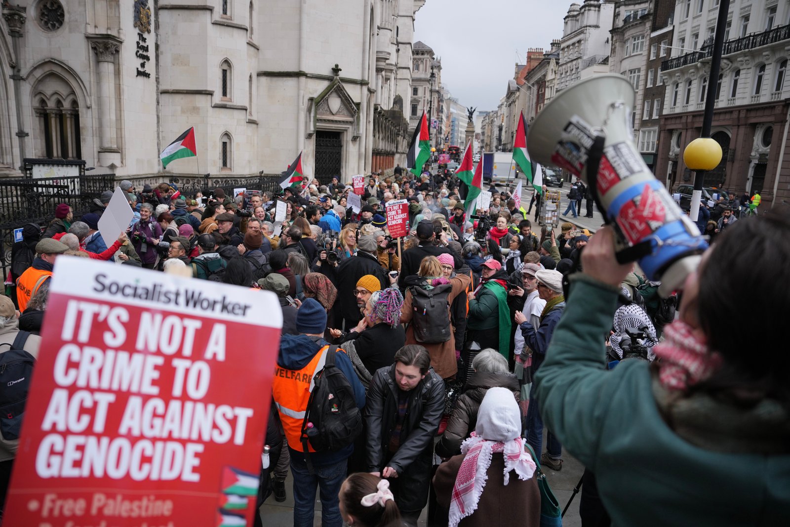 Supporters protesting outside Royal Court London