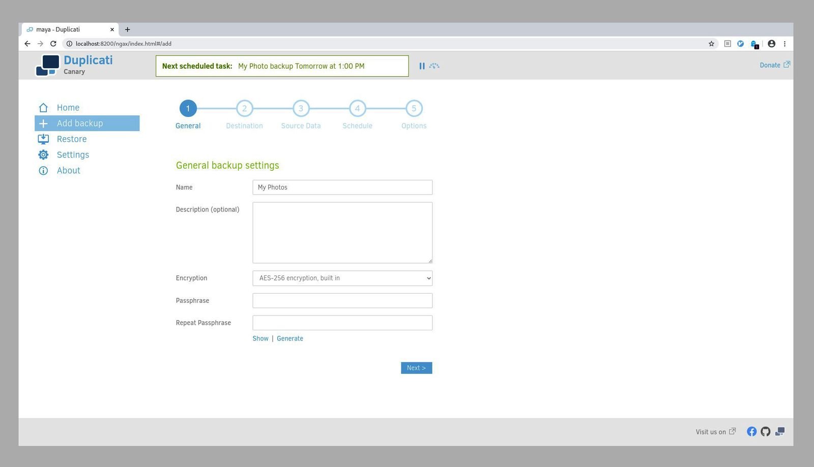 Duplicati open source backup software interface screenshot