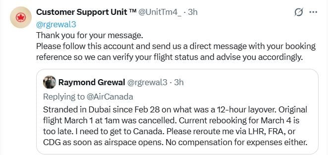 Screenshot showing fraudulent social media account posing as airline customer support