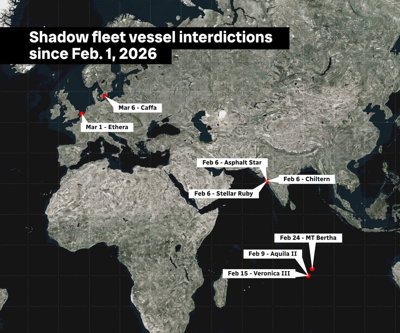 Map showing locations where shadow fleet ships were interdicted since February