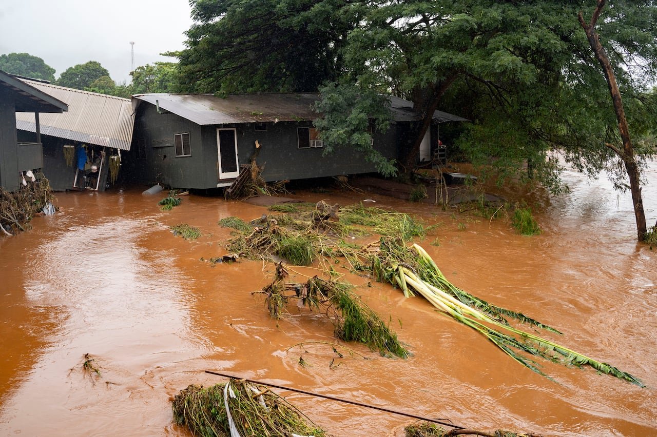 Branches fallen amidst flooded landscape near damaged home.