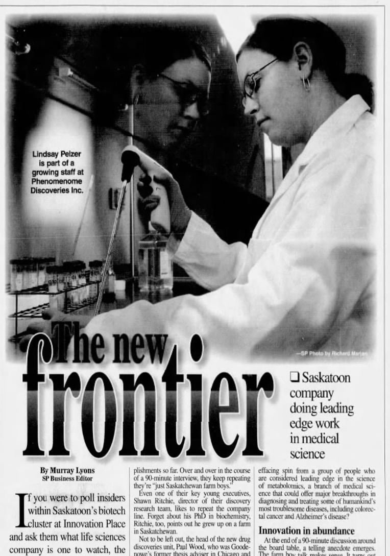Historic newspaper clipping highlighting biotech company growth.