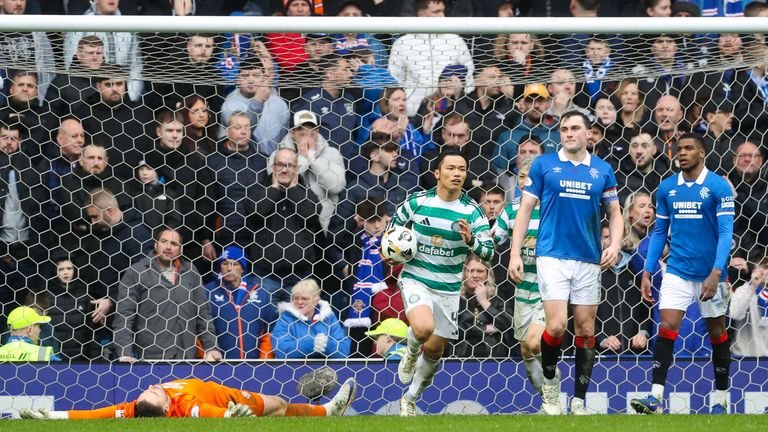Celtic's Reo Hatate celebrates scoring late equaliser against Rangers
