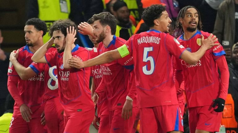 PSG celebrate Bradley Barcola goal vs Chelsea