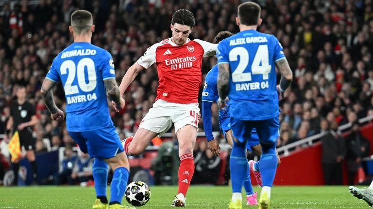 Declan Rice scores for Arsenal against Bayer Leverkusen
