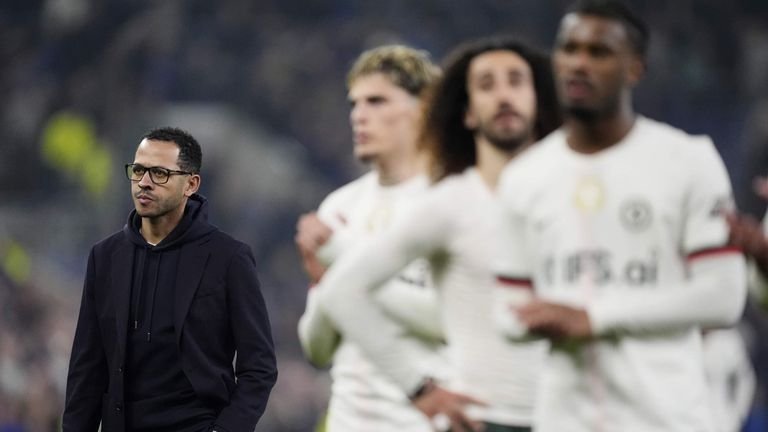 liam Rosenior with Chelsea players after defeat