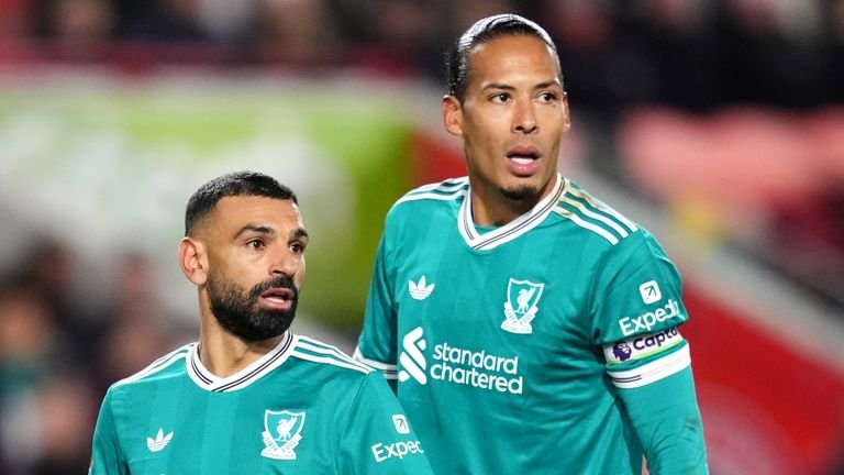 Liverpool's Mohamed Salah and Virgil van Dijk celebrating during Premier League match