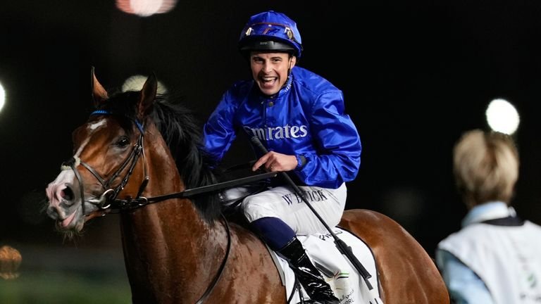 Ombudsman ridden by William Buick winning $5 million Dubai Turf