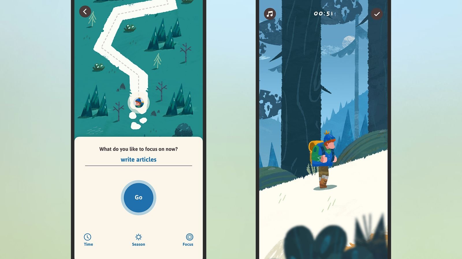 JourneyFocus app showcasing scenic landscapes during work periods