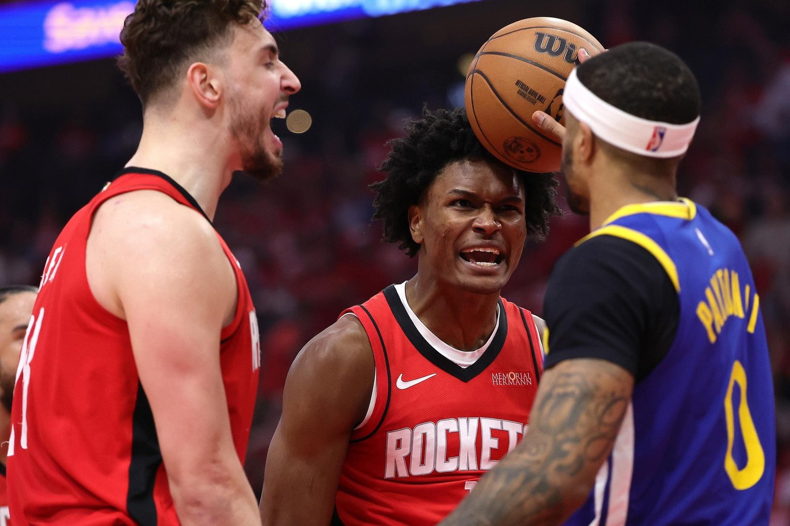 Houston Rockets players reacting during NBA playoffs game