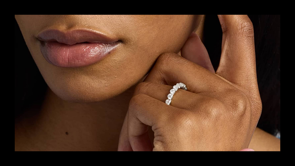 Close-up view of a hand adorned with a sparkling lab-grown diamond ring