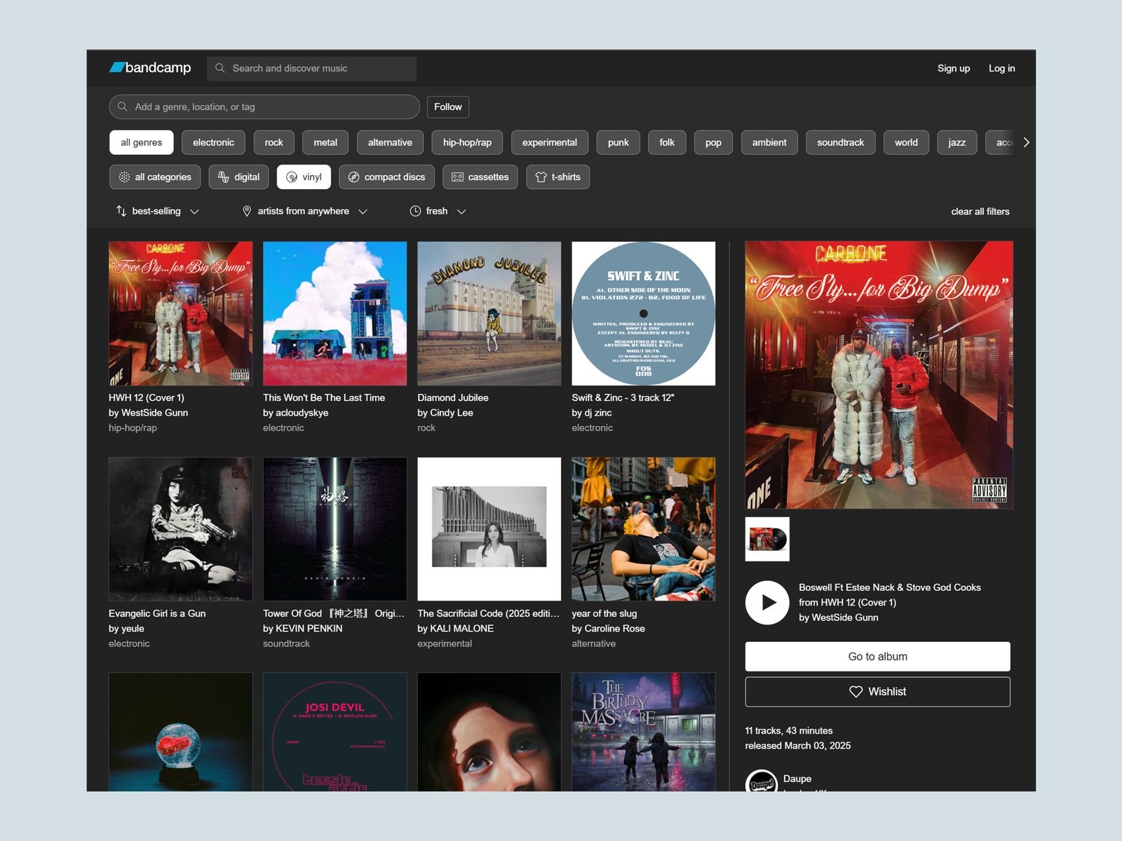 Screenshot of Bandcamp website featuring vinyl sales