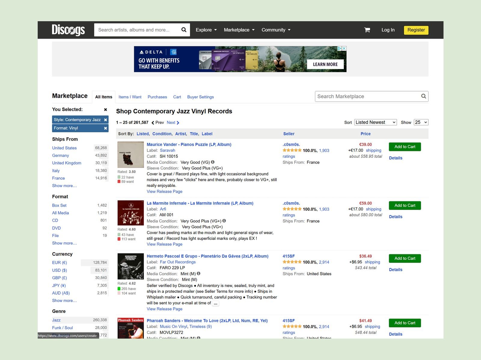 screenshot of Discogs website showcasing vinyl records