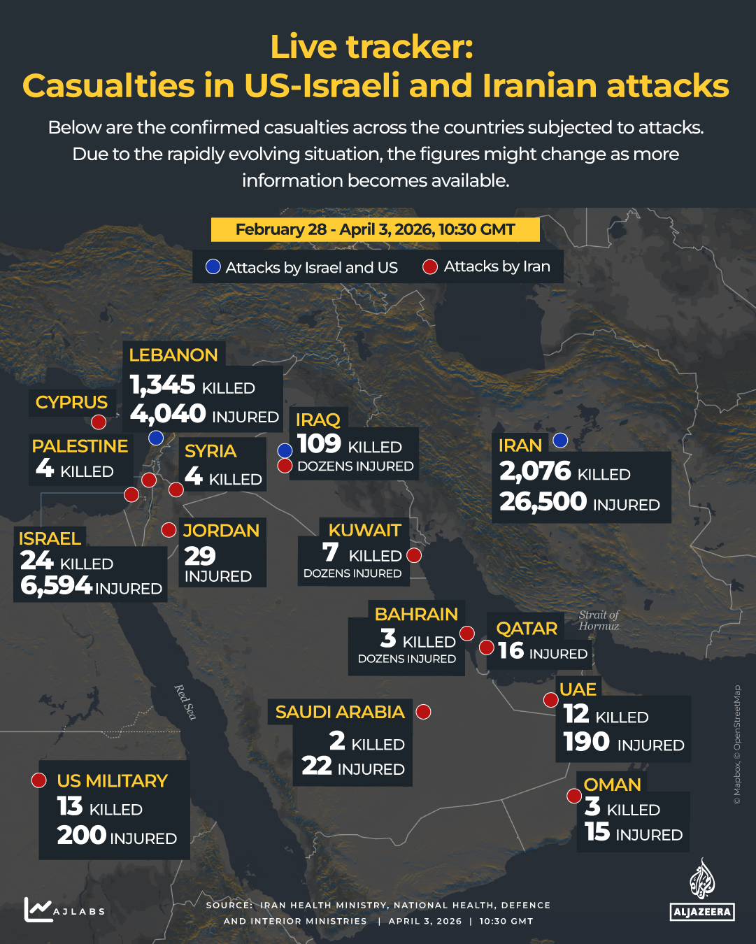 Interactive death toll tracker showing casualties related to US-israel-Iran conflict
