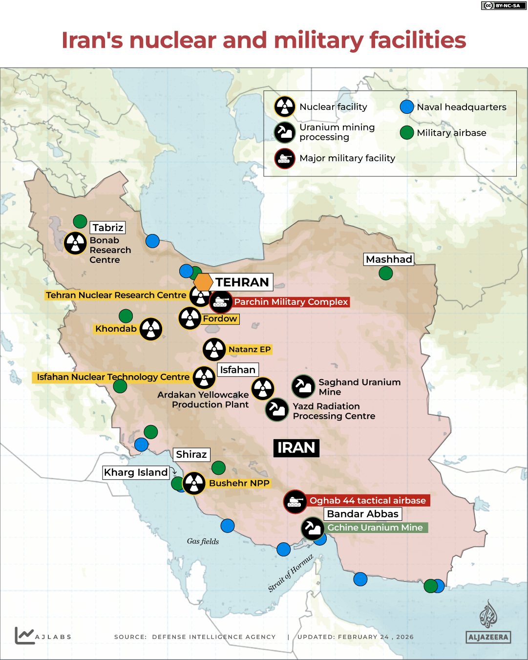 Map showing key Iranian nuclear sites
