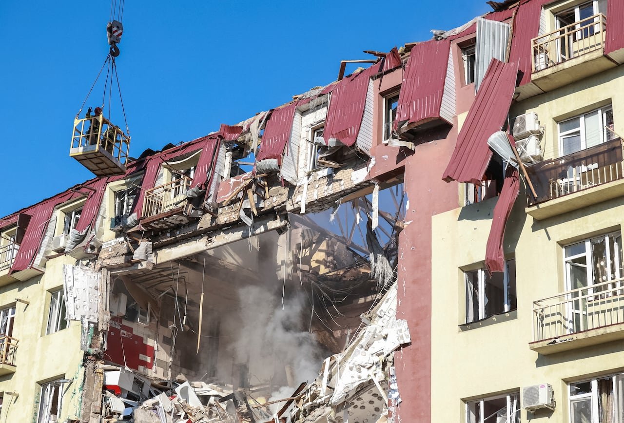 Apartment building facade severely damaged after drone strike in Odesa