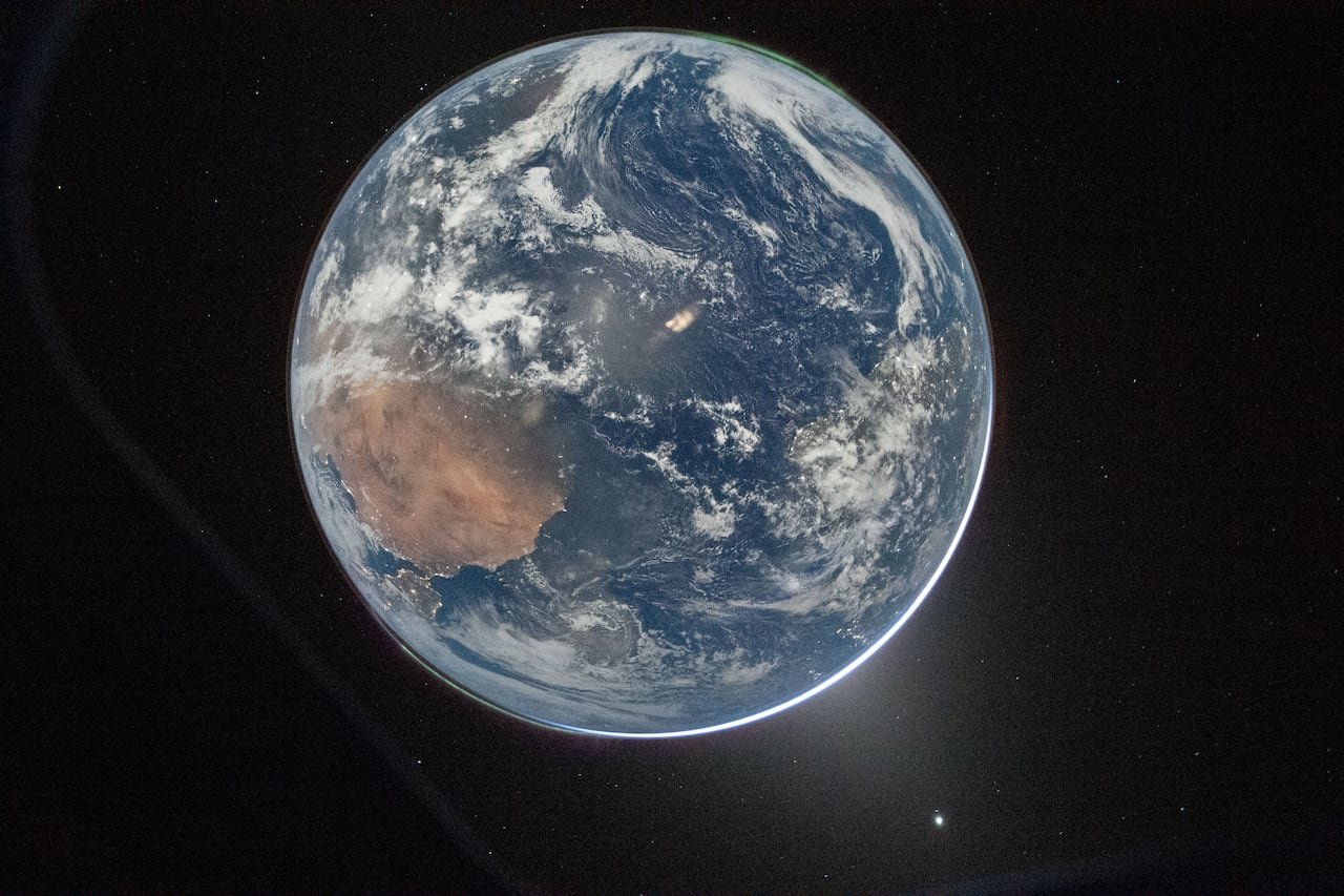 View of Earth from Orion spacecraft during lunar mission