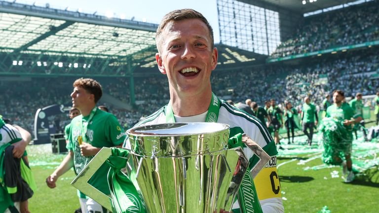 McGregor celebrating with Celtic after winning Premiership titles