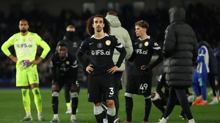 marc Cucurella looks stunned after Chelsea's heavy defeat at Brighton