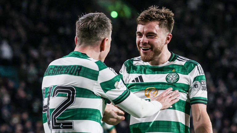 James Forrest celebrates goal alongside Callum McGregor at Celtic Park