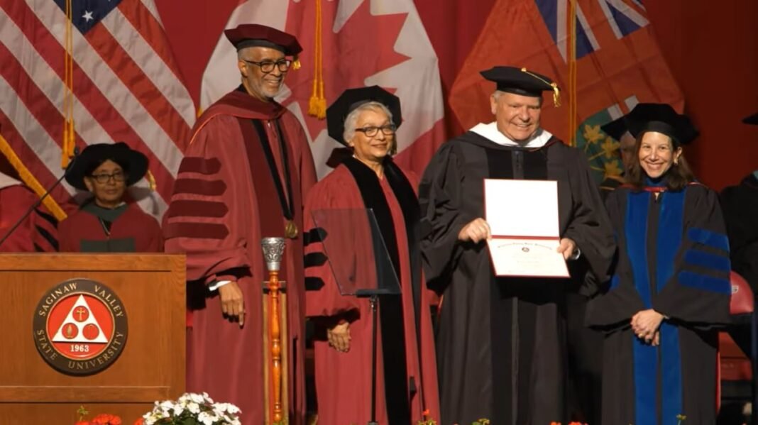Ontario Premier Doug Ford talks tariffs, quotes Reagan in Michigan university grad speech