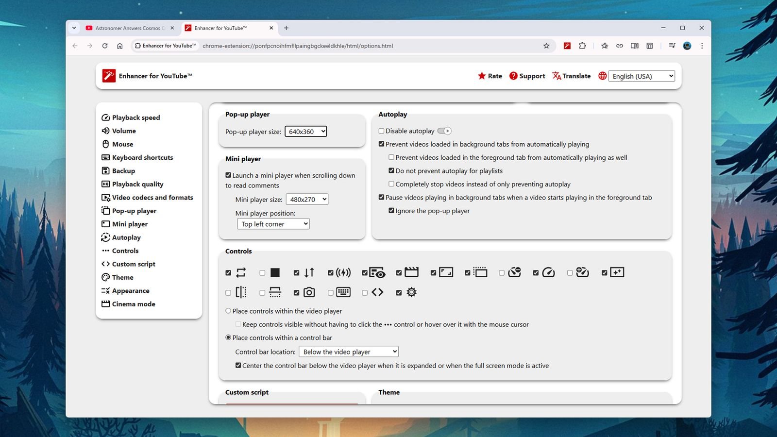 Enhancer for YouTube showing customizable playback speed and themes
