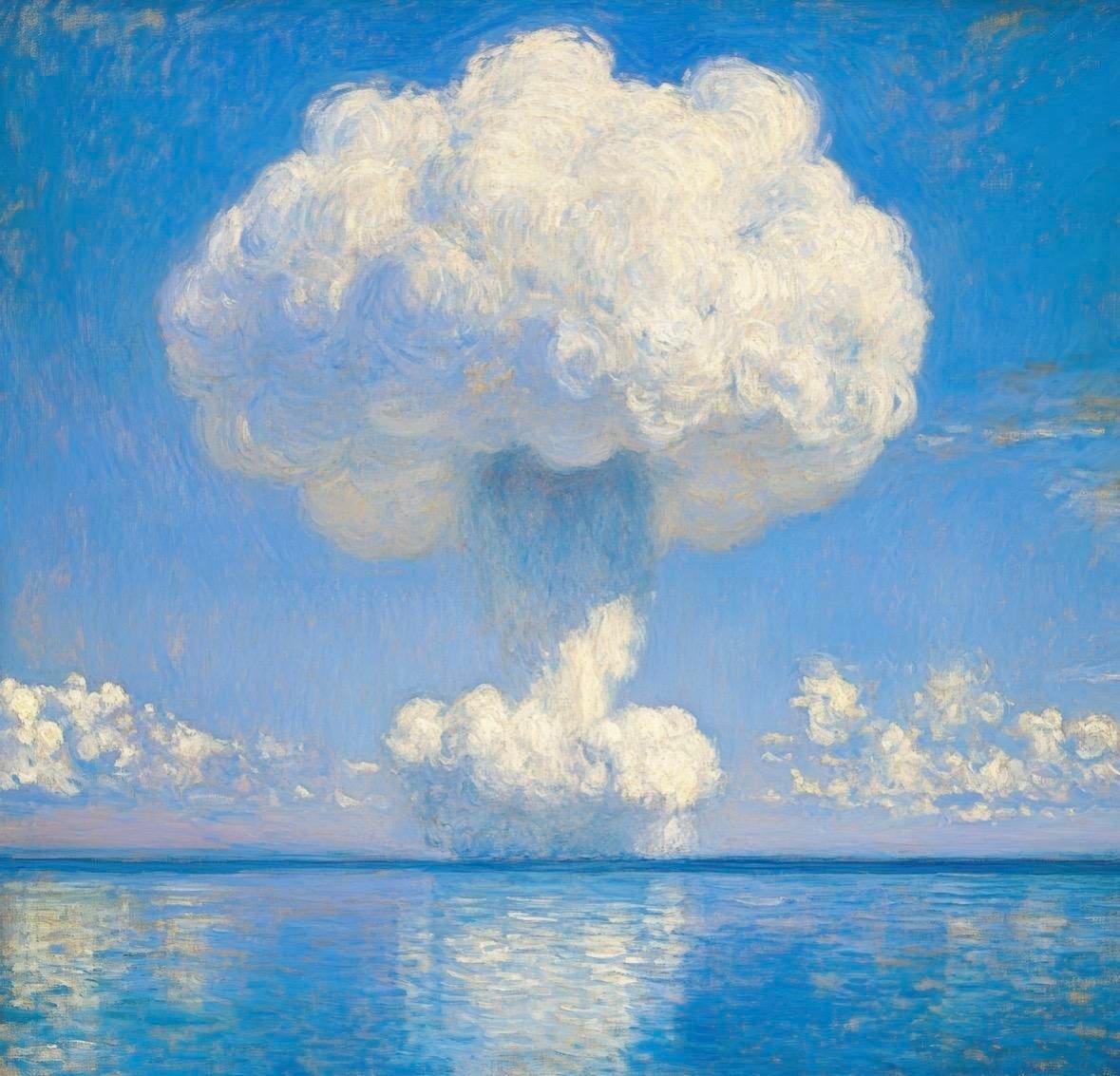 Impressionistic depiction resembling mushroom cloud over ocean