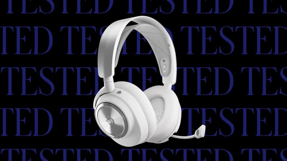 White SteelSeries Arctis Nova Pro Wireless headset against artistic background