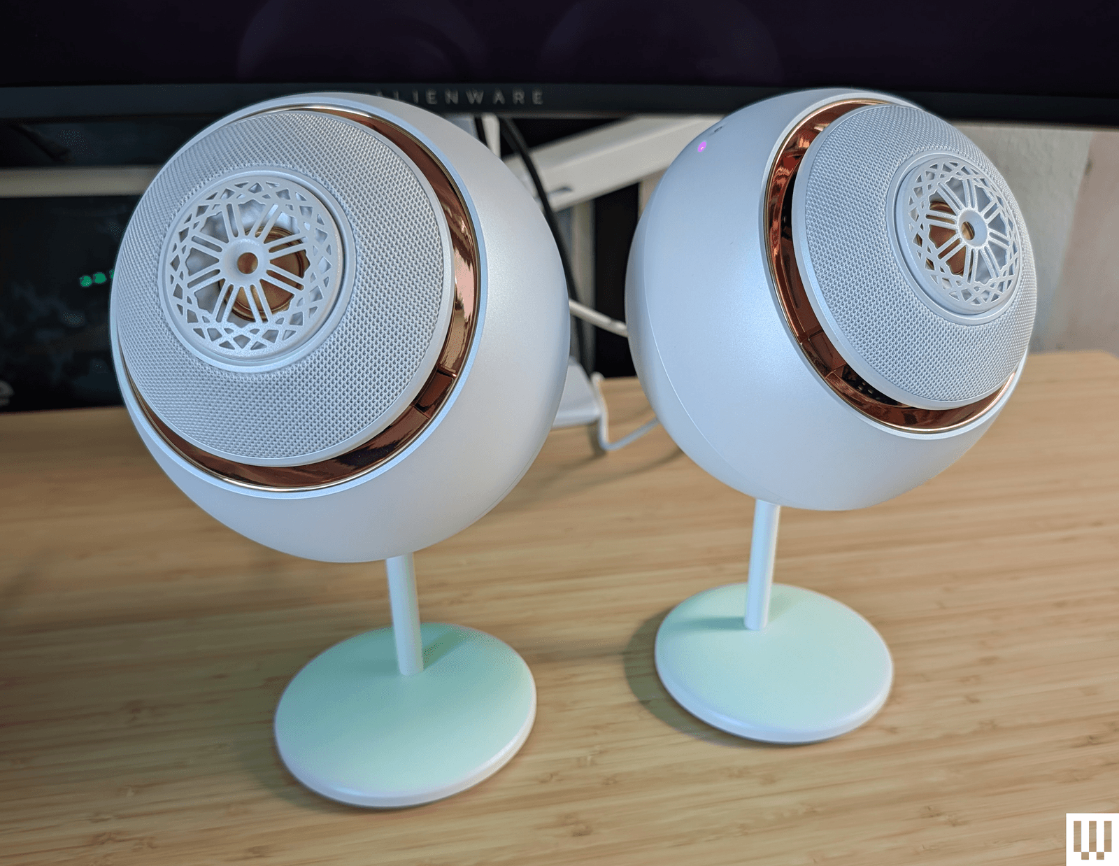 Creative Pebble Nova speakers with RGB lighting on desk