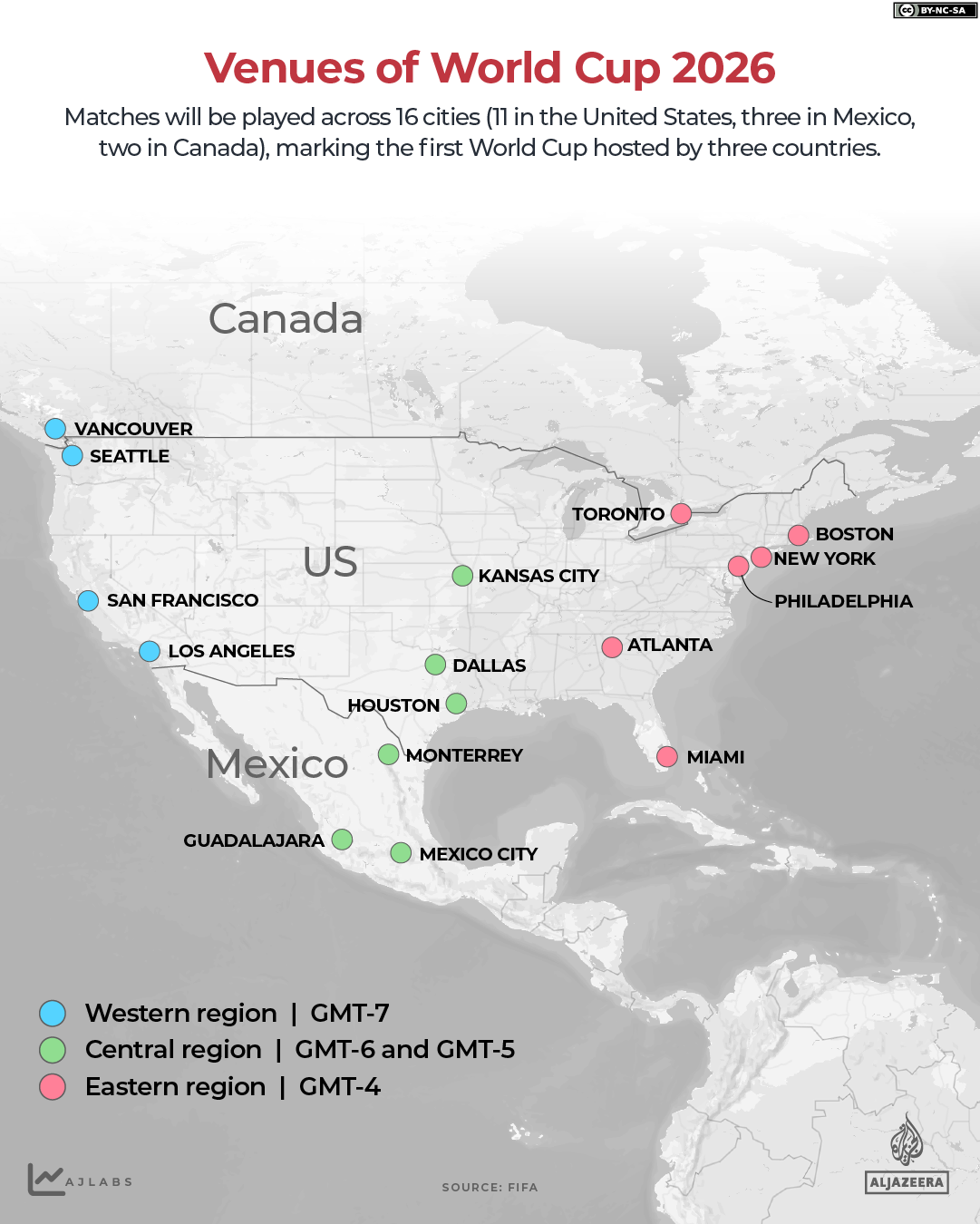 Map showing FIFA venues across North America hosting World Cup 2026