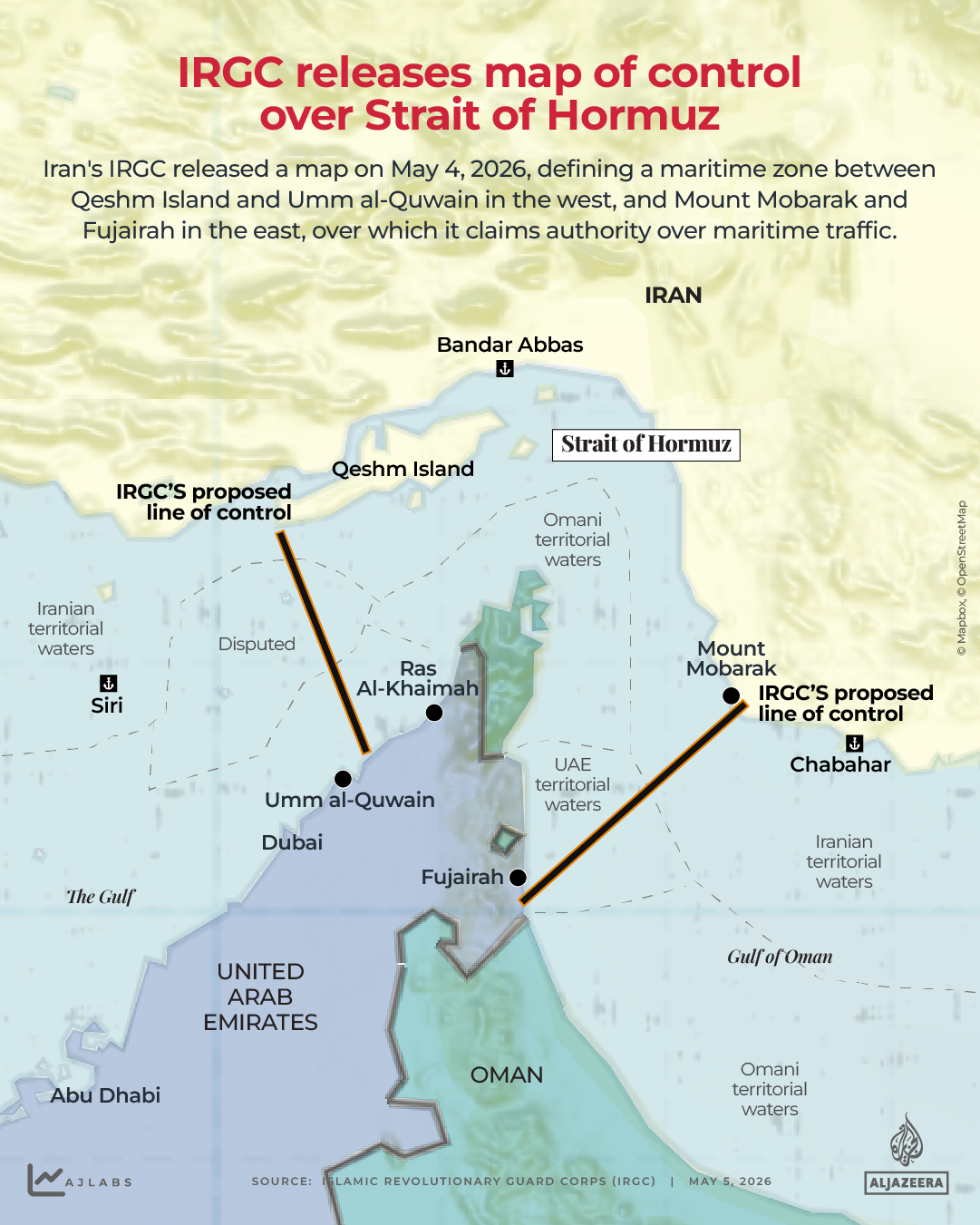Map showing IRGC control over strait of Hormuz