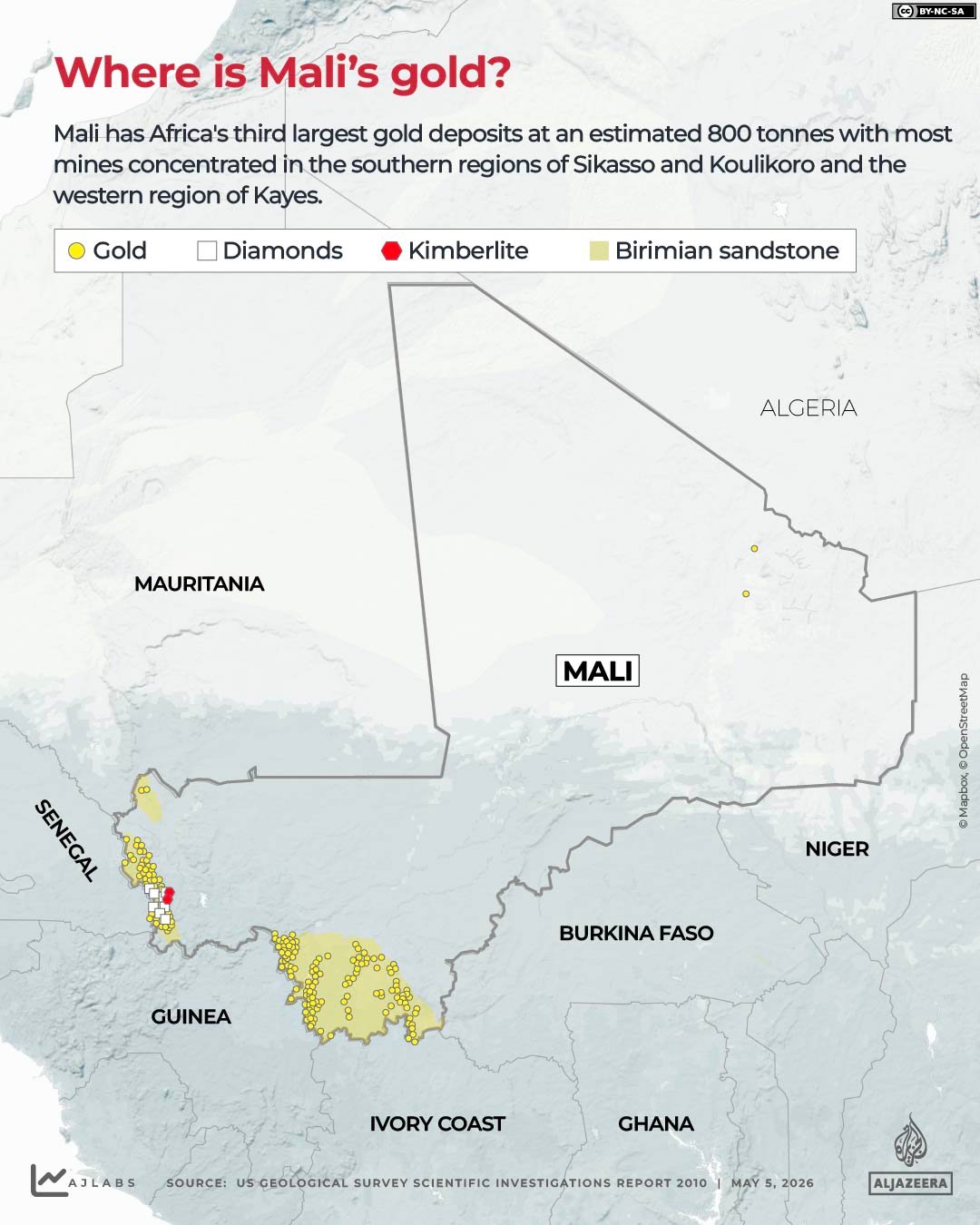 Map showing locations of major gold deposits across Mali