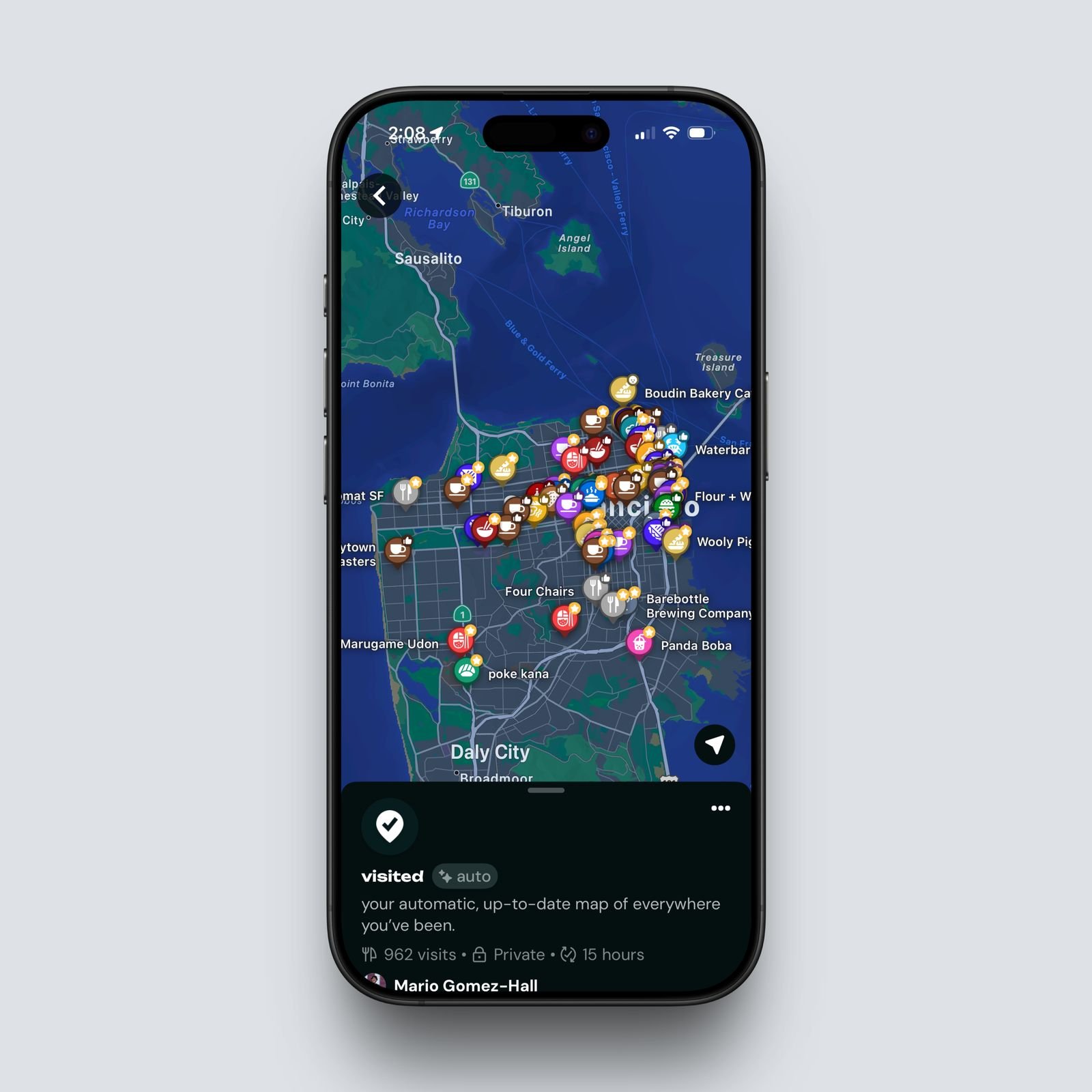 Interface showing map of visited dining locations