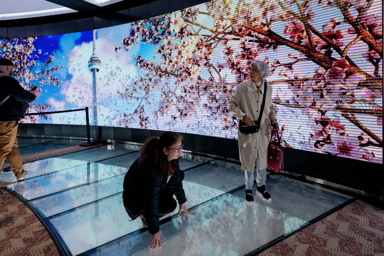 Visitors standing on glass floor high above Toronto