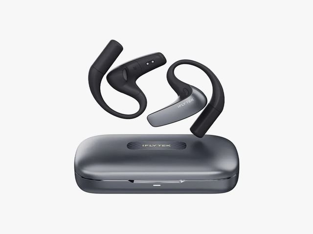 Black iFLYTEK AI translation earbuds above closed case