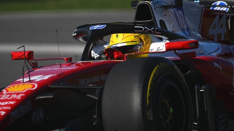 Close-up image of Lewis-Hamilton driving for Ferrari
