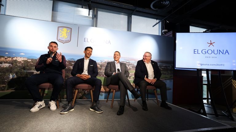 Aston Villa captain John McGinn speaking during an event at Villa Park