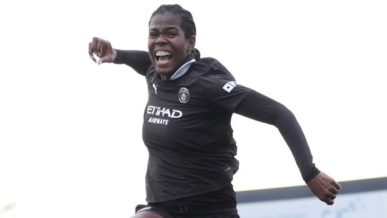 Khadija Shaw celebrating after scoring against London City Lionesses