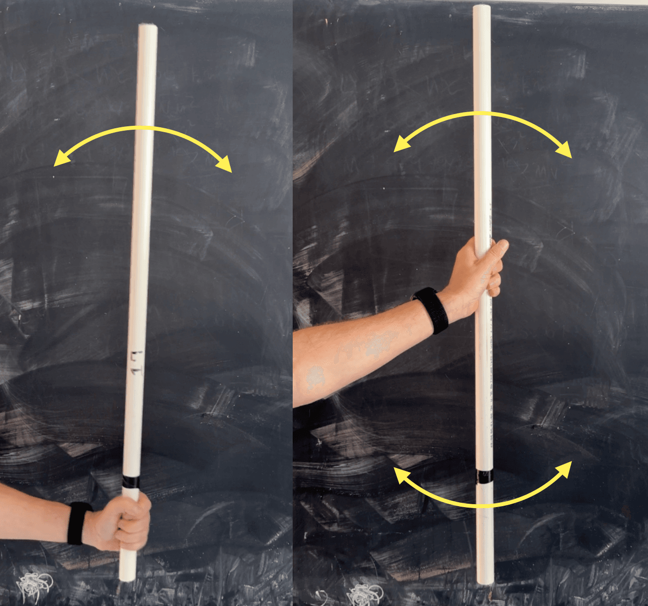Person rotating stick held at different points demonstrating moment of inertia