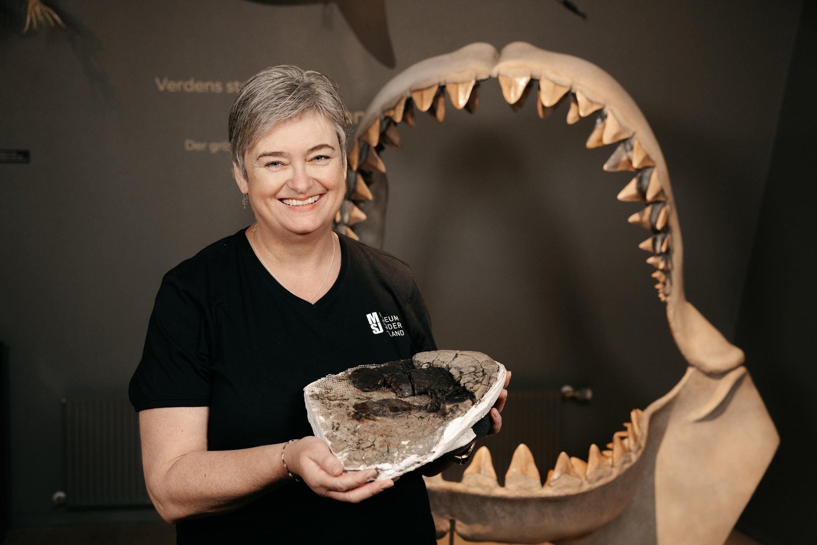 Dr. Mette Elstrup holding a 10.8-million-year-old vertebral fossil of the extinct megatooth shark Otodus megalodon from Denmark's Gram Formation, with a reconstructed jaw model in the background.