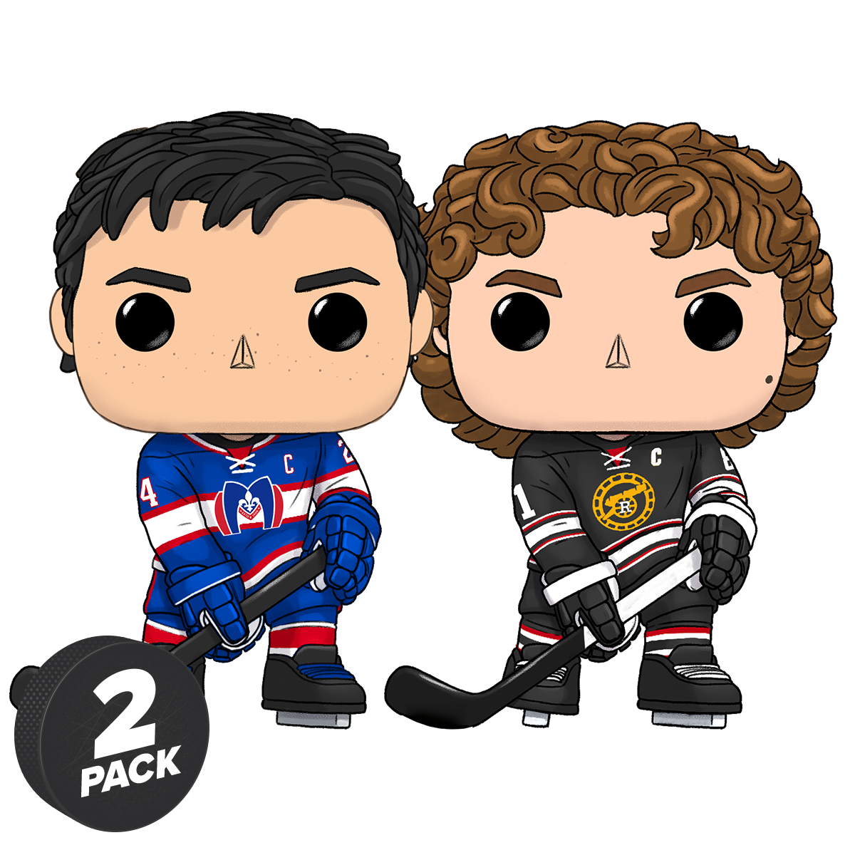 Funko POP! figures depicting Ilya Rozanov in Boston Raiders uniform alongside Shane Hollander wearing Montreal Metros gear.